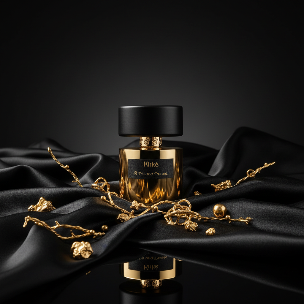 Kirkè с черна коприна и златни детайли